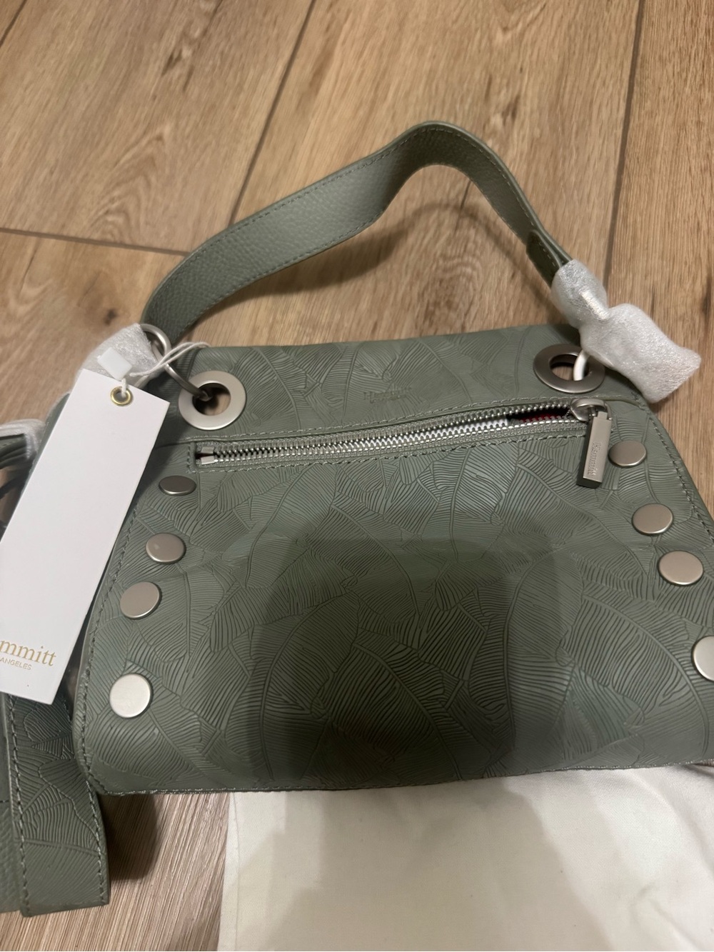 Hammitt Summit Olive Embossed Leather Shoulder Bag with Silver Hardware